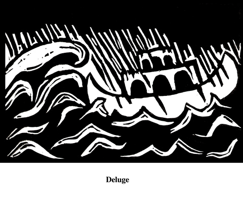 Deluge (2004). Block print. Appeared in Lorena Stookey (2004), 'Thematic Guide to World Mythology', Greenwood Press, Westport, Connecticut.
