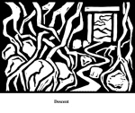 Descent (2004). Block print. Appeared in Lorena Stookey (2004), 'Thematic Guide to World Mythology', Greenwood Press, Westport, Connecticut.