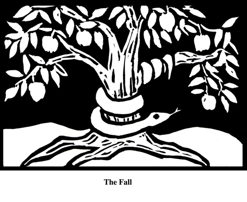 Fall (2004). Block print. Appeared in Lorena Stookey (2004), 'Thematic Guide to World Mythology', Greenwood Press, Westport, Connecticut.
