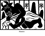 Monsters (2004). Block print. Appeared in Lorena Stookey (2004), 'Thematic Guide to World Mythology', Greenwood Press, Westport, Connecticut.